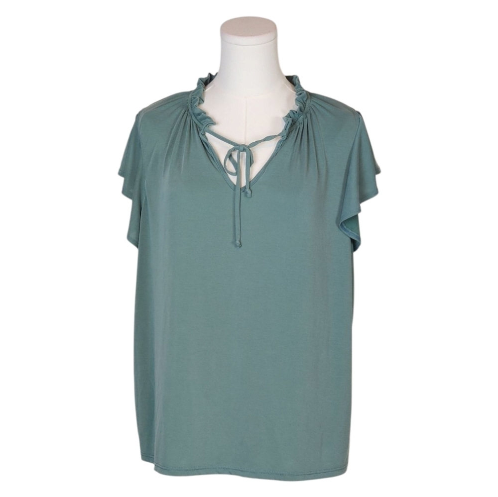 Green Envelope Flutter Sleeve Tie Neck Top XL Teal Boho Soft Modal Blend